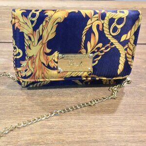 NEW POSH Blue Gold Baroque Pattern Chain Clutch / Crossbody Bag
